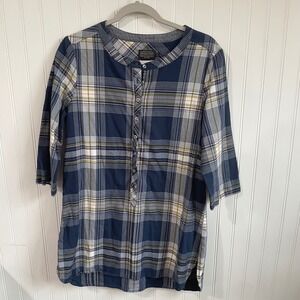Pendleton Blue‎ Plaid Tunic Top Cotton 3/4 Sleeve Petite Medium Casual Western